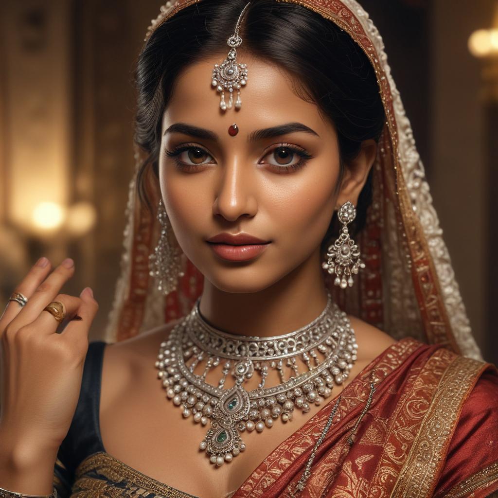 ((masterpiece)),(((best quality))), 8k, high detailed, ultra detailed, exotic indian woman, traditional bindi, ornate bangles, jasmine garland, intricate silk weaving hyperrealistic, full body, detailed clothing, highly detailed, cinematic lighting, stunningly beautiful, intricate, sharp focus, f/1. 8, 85mm, (centered image composition), (professionally color graded), ((bright soft diffused light)), volumetric fog, trending on instagram, trending on tumblr, HDR 4K, 8K