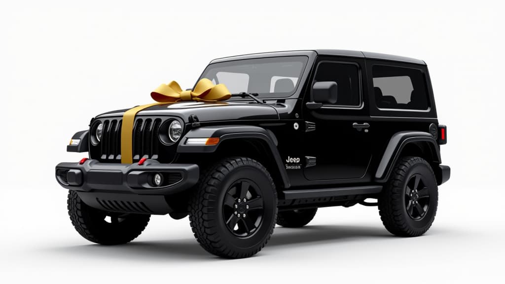  black jeep without logos tied with golden ribbon on white background with bokeh, copy space ar 16:9 {prompt}, maximum details