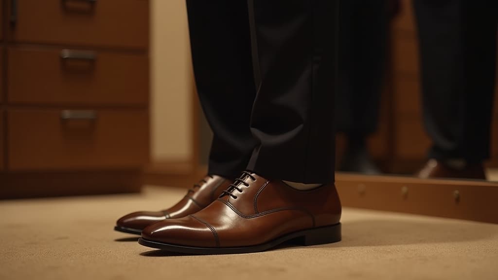  create an image with the following specifications: main subject: description: a stylish groom's outfit featuring a sleek black suit and polished brown leather oxford shoes. style: modern, sophisticated, and versatile. setting: location: elegant dressing room with warm lighting. composition: framing: close up view of the groom's torso and legs, focusing on the suit and shoes. style: art movement: contemporary realism. technique: high contrast photography. atmosphere: mood: refined and confident. color palette: dominant colors: black, brown, warm beige. mood: rich and sophisticated. details: foreground: crisp black suit jacket, trousers, and shiny brown oxford shoes. background: blurred dressing room with a full length mirror and woode hyperrealistic, full body, detailed clothing, highly detailed, cinematic lighting, stunningly beautiful, intricate, sharp focus, f/1. 8, 85mm, (centered image composition), (professionally color graded), ((bright soft diffused light)), volumetric fog, trending on instagram, trending on tumblr, HDR 4K, 8K