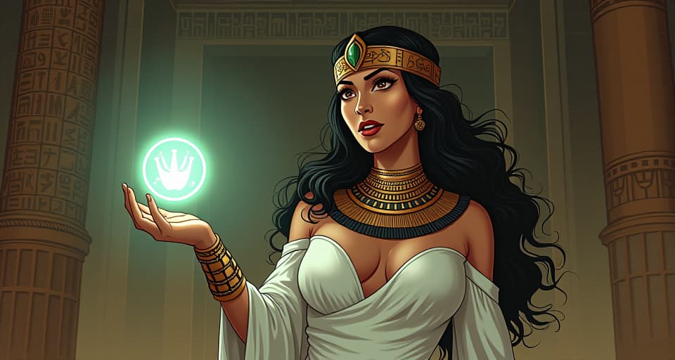  a large busted priestess, in form fitting white linen, holding your hand to examine a glowing symbol on your palm, wide eyes, a mixture of fear and awe, surrounded by ancient egyptian hieroglyphs, symbolizing the uncovering of an extraordinary mystery. the style is digital art illustration / modern comic book / mysterious occult, symbolic, esoteric vibe,high detail on character design, incorporating ancient egyptian symbology and attire.