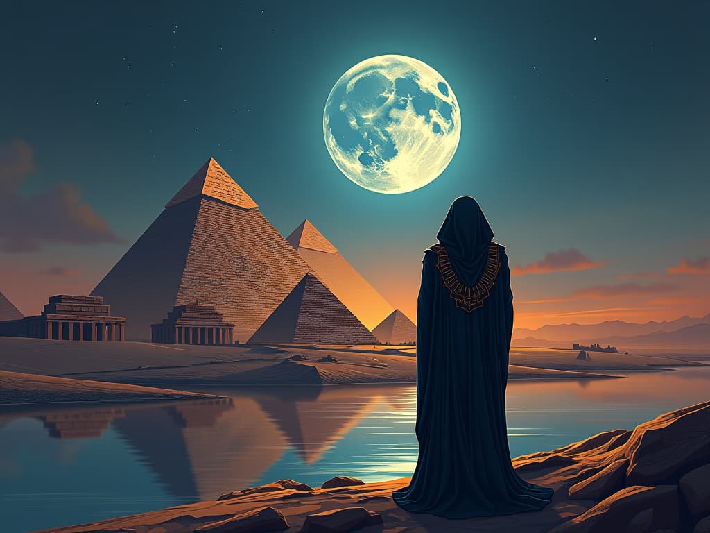  full moon with a silvery, luminous glow over the ancient pyramids, reflecting on the nile river, creating a mystical ambiance, illuminating the landscape with celestial serenity. the style is digital art illustration / modern comic book / mysterious occult, symbolic, esoteric vibe,high detail on character design, incorporating ancient egyptian symbology and attire.