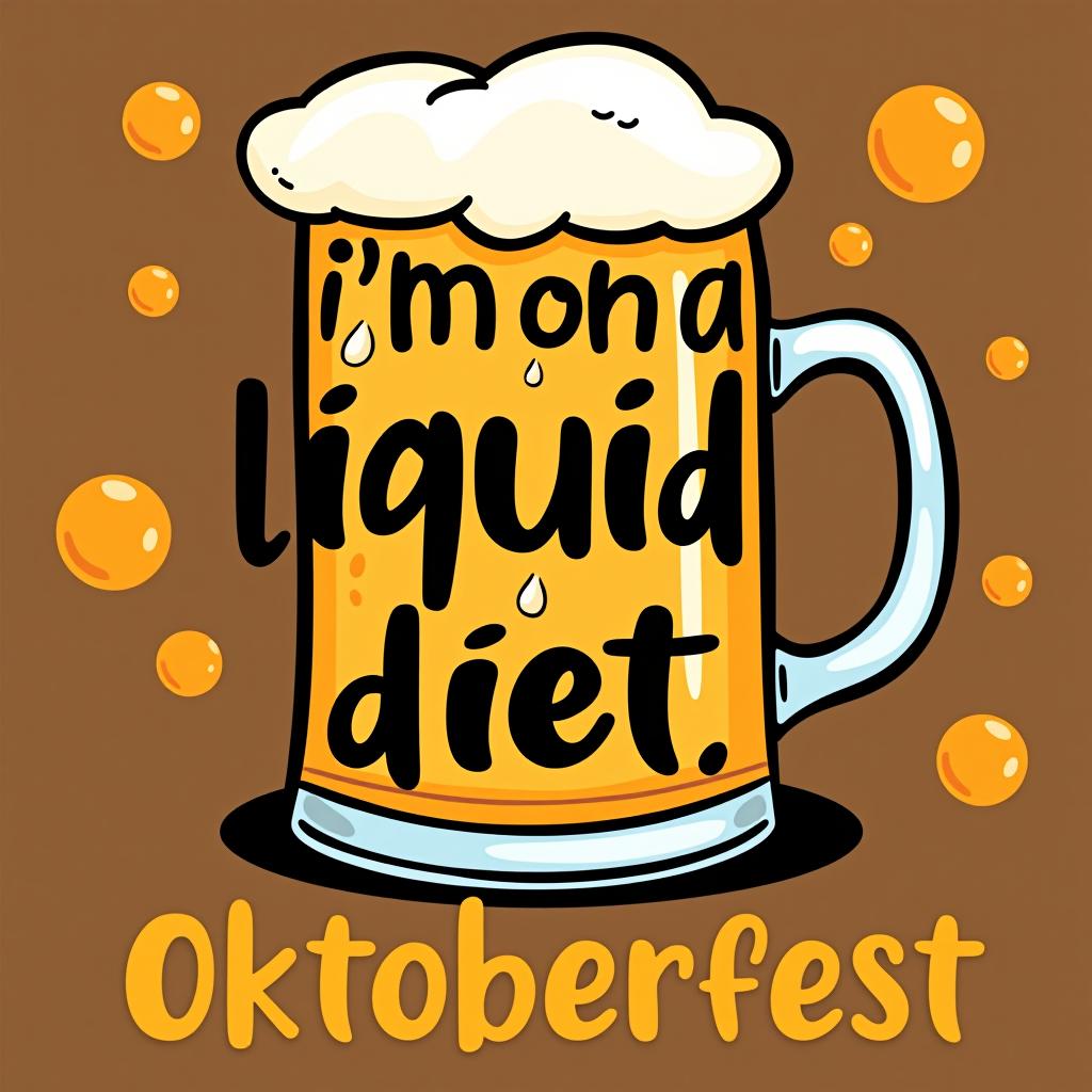  humorous 'i'm on a liquid diet.' in wavy font with a cartoon beer mug and beer bubbles background. place the word oktoberfest at the bottom of the image