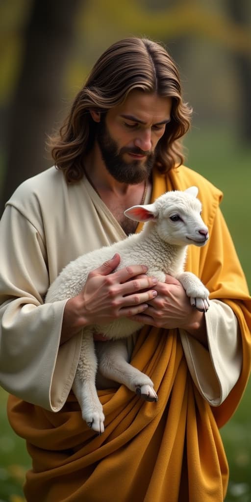  image of jesus christ holding a little lamb of easter holiday concept, high quality, high details, hd, perfect composition, 4k epic detailed, highly detailed, sharp focus, high resolution