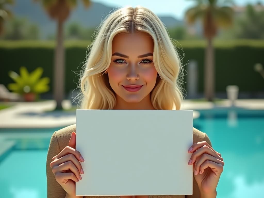  a woman, blonde , close up, winking, one eye closed, smirking, medium s, holding an empty plaque, pool and palms at the background hyperrealistic, full body, detailed clothing, highly detailed, cinematic lighting, stunningly beautiful, intricate, sharp focus, f/1. 8, 85mm, (centered image composition), (professionally color graded), ((bright soft diffused light)), volumetric fog, trending on instagram, trending on tumblr, HDR 4K, 8K