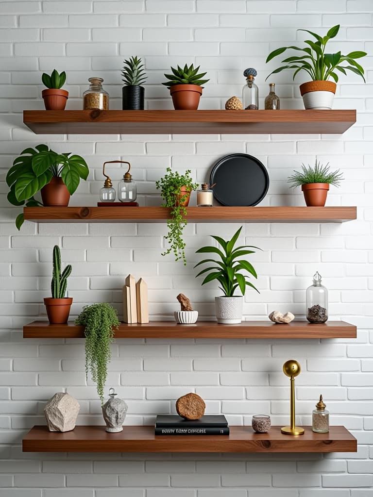  high quality portrait photo of an asymmetrical arrangement of floating wooden shelves displaying an eclectic mix of small plants, crystals, and vintage curios against a white brick wall hyperrealistic, full body, detailed clothing, highly detailed, cinematic lighting, stunningly beautiful, intricate, sharp focus, f/1. 8, 85mm, (centered image composition), (professionally color graded), ((bright soft diffused light)), volumetric fog, trending on instagram, trending on tumblr, HDR 4K, 8K