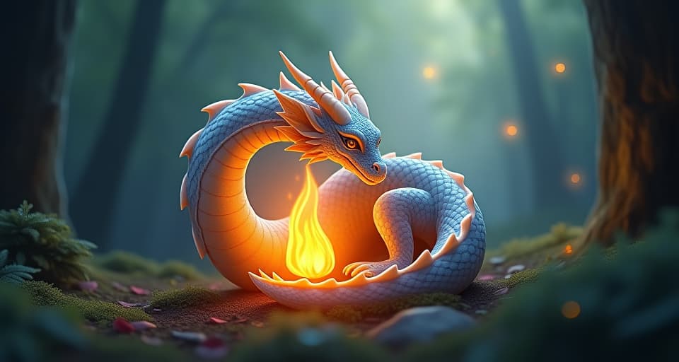  translucent dragon with glowing scales, curled protectively around a burning flame, in an enchanted forest clearing, atmosphere of igniting divine love. the style is digital art illustration,highly detailed, whimsical,magical, dreamlike atmosphere, realism and fantasy blend, smooth, glossy textures,luminous quality, wonder and enchantment.