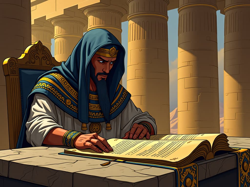  an ancient egyptian scholar, dressed in ornate robes, sitting by a stone table filled with ancient scrolls and sacred symbols, deep in thought, with a background of the temple columns. the style is digital art illustration / modern comic book / mysterious occult, symbolic, esoteric vibe,high detail on character design, incorporating ancient egyptian symbology and attire.