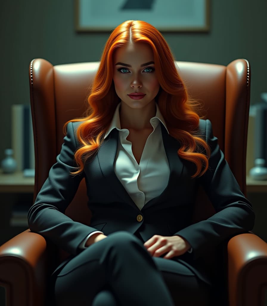  hyperrealistic art a 40 woman in a strict business suit. a jacket, a . red long hair. he's in the chair, his leg. strict eyes. downstairs. . extremely high resolution details, photographic, realism pushed to extreme, fine texture, incredibly lifelike hyperrealistic, full body, detailed clothing, highly detailed, cinematic lighting, stunningly beautiful, intricate, sharp focus, f/1. 8, 85mm, (centered image composition), (professionally color graded), ((bright soft diffused light)), volumetric fog, trending on instagram, trending on tumblr, HDR 4K, 8K