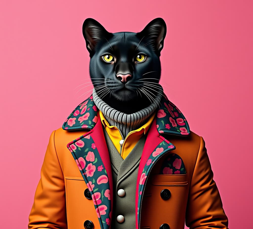  elegant panter wearing colorful clothes on a pink background,