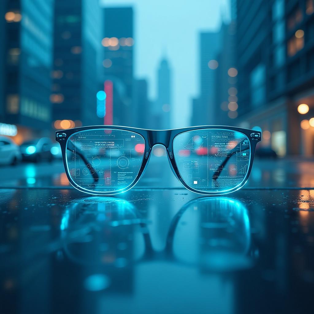  create an image of smart glasses in a modern, futuristic setting. the glasses should be depicted with cool tones, emphasizing shades of blue, teal, and silver. the scene should be captured from a reverse angle, showcasing the glasses as if being viewed by someone wearing them. in the background, include a sleek urban landscape with digital interfaces and technology driven elements that reflect the innovative spirit of smart eyewear. the overall composition should exude a sense of advanced technology and connectivity, inviting the viewer to explore the possibilities of augmented reality through the lens of these smart glasses.