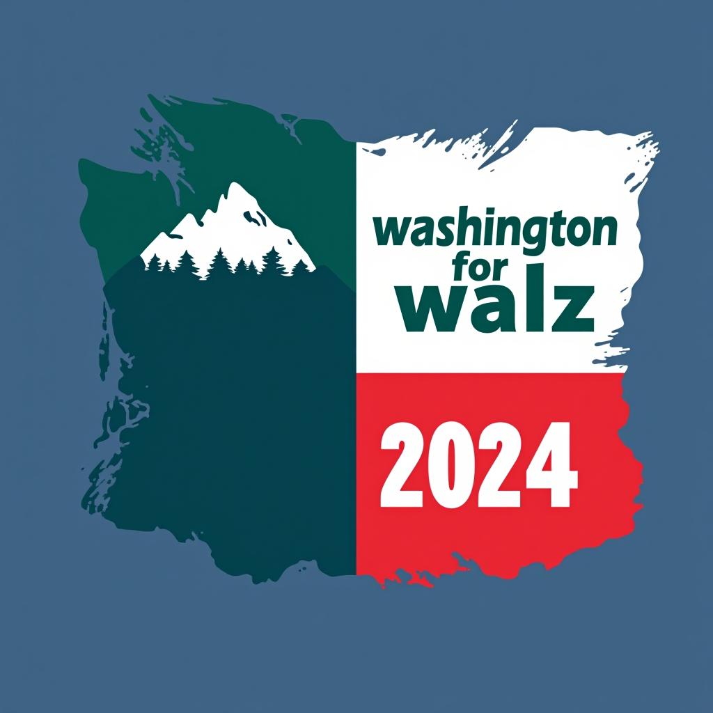  a tshirt design inspired by the washington state flag. the left side features a green vertical stripe with a large mountain in the center. the right side is divided into two horizontal sections: the top section is white with the text 'washington for' in bold, green, uppercase letters, and the bottom section is red with the text 'harris walz 2024' in bold, white, uppercase letters. the overall layout is clean and straightforward, with a clear and patriotic color scheme of blue, white, and red.