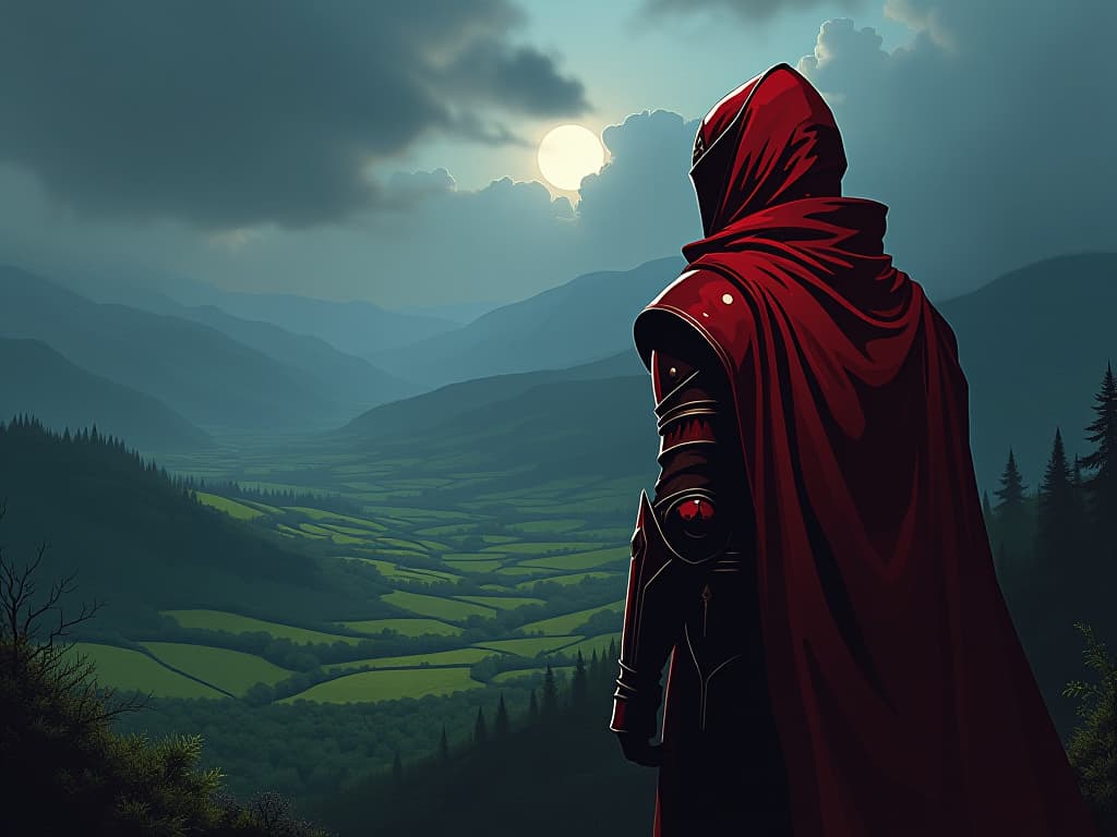  character in red armor, looking out over a fertile valley, determined expression, mood of seizing opportunities. the style is digital art illustration / modern comic book / graphic dark novel fantasy and mysterious occult, symbolic, moody lighting, esoteric vibe,high detail on character design. for the color scheme emphasize blacks and reds.