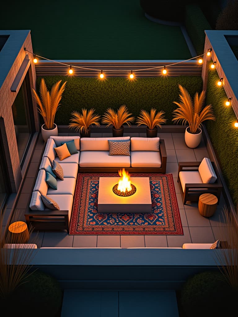  high quality portrait photo of a spacious patio with a large sectional sofa, colorful outdoor rugs, and a modern fire pit, surrounded by tall potted grasses and illuminated by warm overhead lighting, viewed from above hyperrealistic, full body, detailed clothing, highly detailed, cinematic lighting, stunningly beautiful, intricate, sharp focus, f/1. 8, 85mm, (centered image composition), (professionally color graded), ((bright soft diffused light)), volumetric fog, trending on instagram, trending on tumblr, HDR 4K, 8K