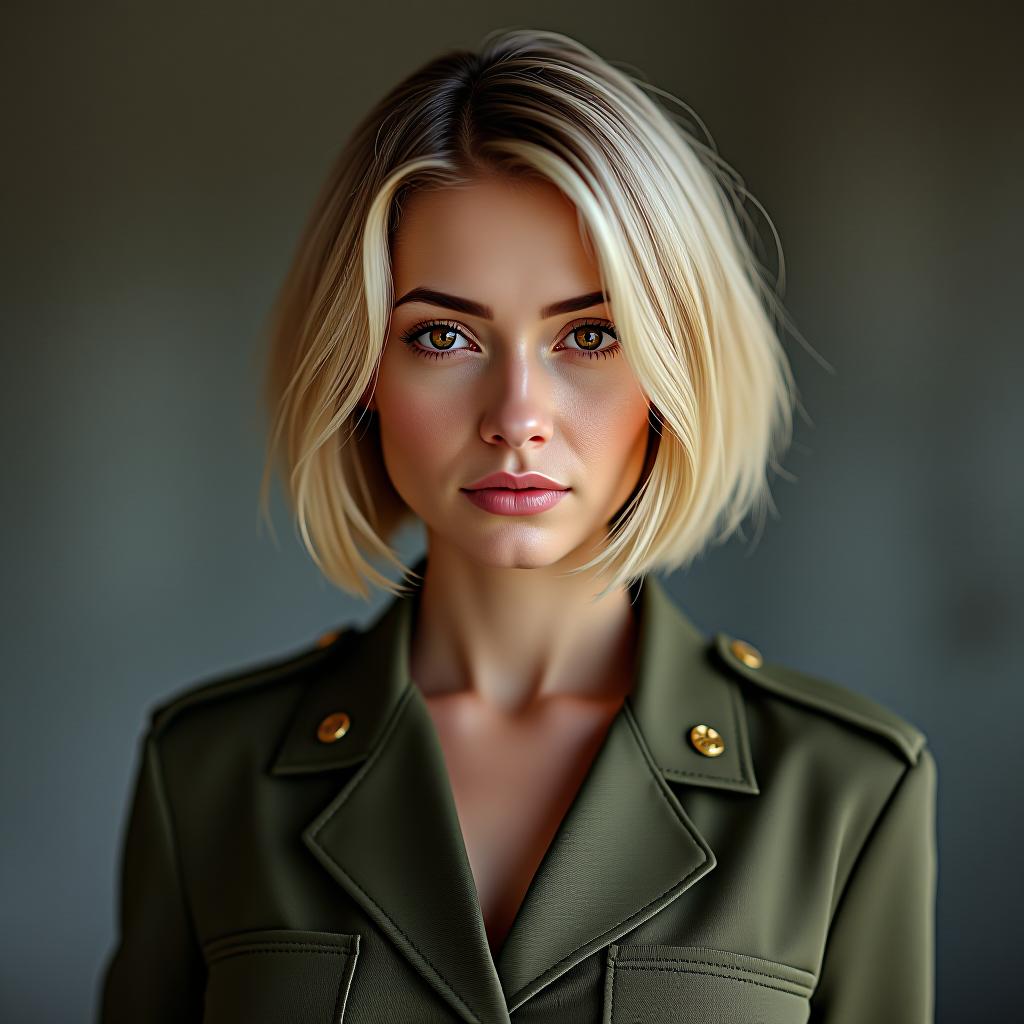  make an image of a woman short haired blonde bob dressed in a army suit with dark brown eyes