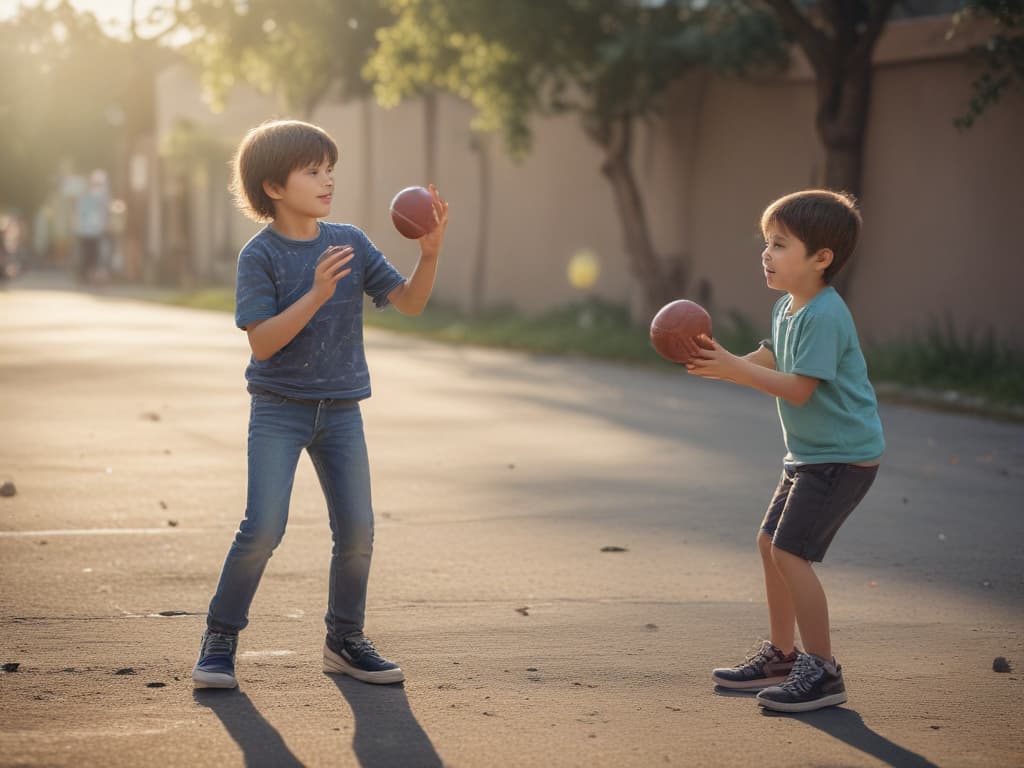 ultra realistic ((ultra realistic ((a child playing catch with a ball and a friend)))) hyperrealistic, full body, detailed clothing, highly detailed, cinematic lighting, stunningly beautiful, intricate, sharp focus, f/1. 8, 85mm, (centered image composition), (professionally color graded), ((bright soft diffused light)), volumetric fog, trending on instagram, trending on tumblr, HDR 4K, 8K