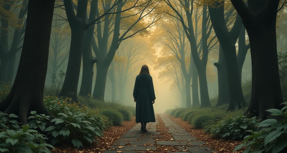  person walking through serene path, surrounded by calm atmosphere, peace, quiet satisfaction. an illustration in the style of a worn, mystical old tarot trump card, mysterious and elements of surrealism. the colors are muted, somber and eerie, but with contrast bring out an occult and esoteric vibe.