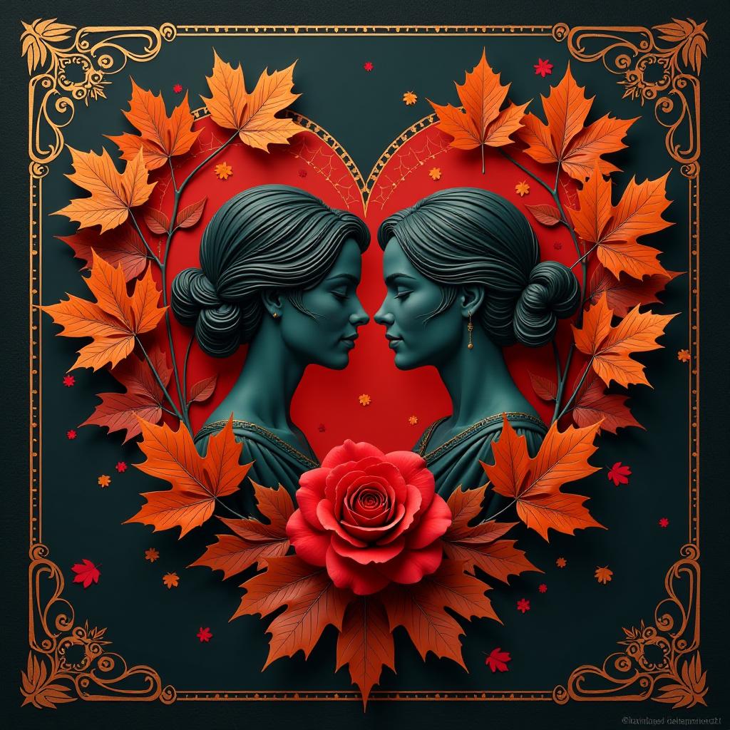  (postcard background): falling autumn leaves, red roses, satin ribbon, vintage, greeting card. autumn in the heart, beautiful couple, two faces in profile, heart scarlet rose (heart), beautiful figure of maple leaves outlines in the shape of a heart. (heart colour): background black pattern gold. (style):fantasy, autumn art, romance of autumn. (colours):gold, green gold, dark blue, red, red gold, brown gold, silver, black gold, bluish blue.