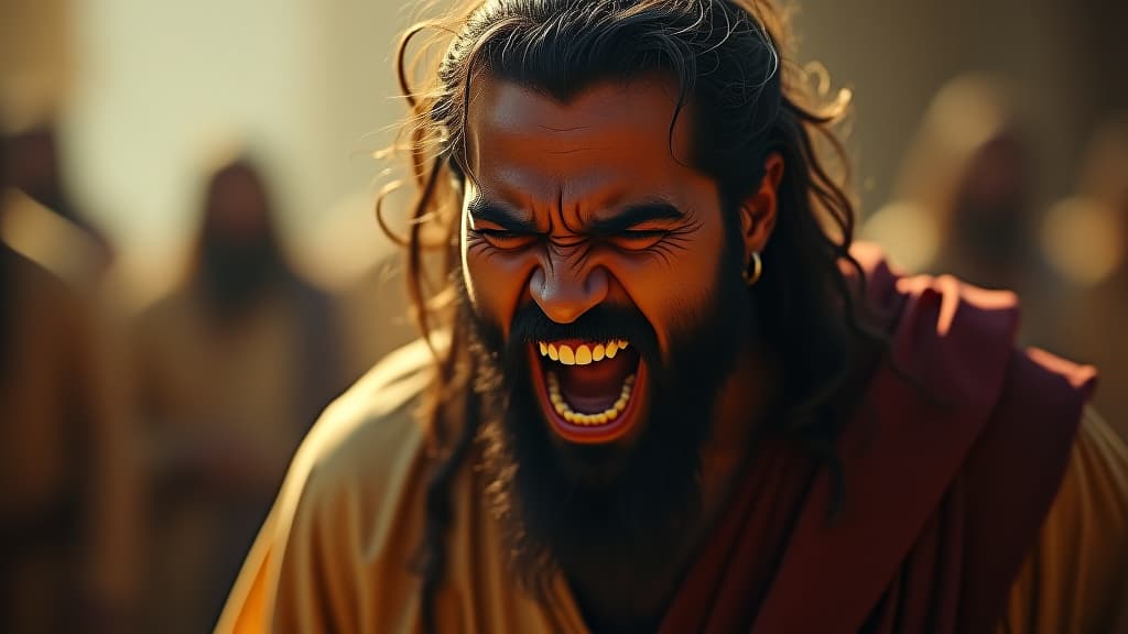  history of biblical times, a powerful image of esau's anger upon discovering jacob has stolen his blessing, his face twisted in rage hyperrealistic, full body, detailed clothing, highly detailed, cinematic lighting, stunningly beautiful, intricate, sharp focus, f/1. 8, 85mm, (centered image composition), (professionally color graded), ((bright soft diffused light)), volumetric fog, trending on instagram, trending on tumblr, HDR 4K, 8K