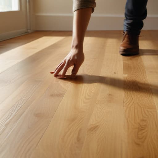 A photo of a skilled artisan meticulously laying down a sleek, modern hardwood plank in a spacious, sunlit living room during the late afternoon, casting warm, golden hues upon the intricate grains of the wood.