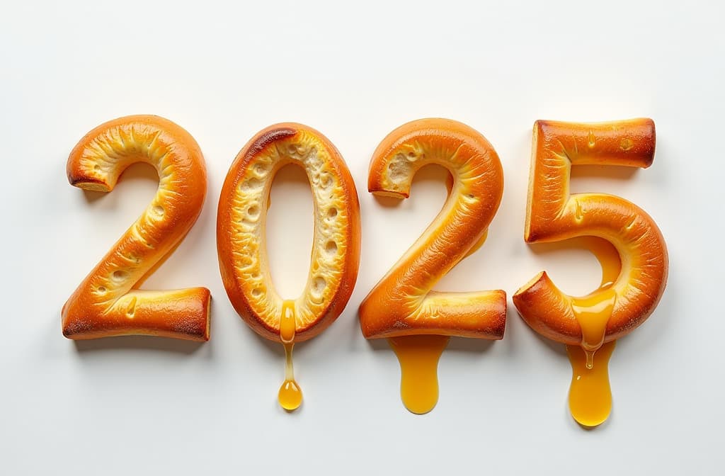  text "2025” made from dripping honey and fresh bread, symbolizing artisanal bakery and organic foods. {prompt}, maximum details