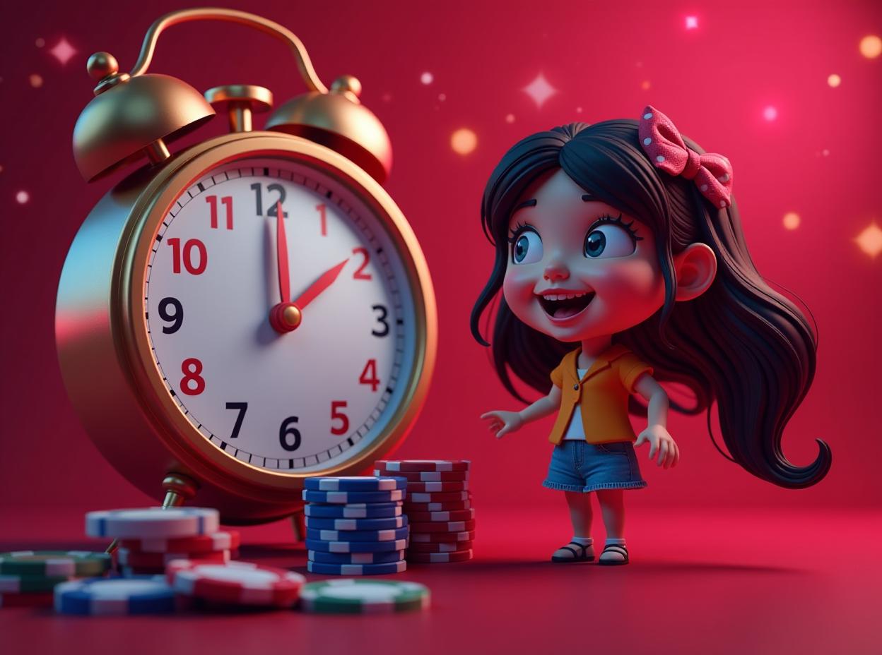  a casino theme with a clock and casino chips with a girl infront happy because she won a lottery on a red background with a stream of lights and a neon colored background, andries stock, incoherents, highly detailed digital art, computer graphics, cartoonish,, high quality, high details, hd, perfect composition, 4k epic detailed, highly detailed, sharp focus, high resolution