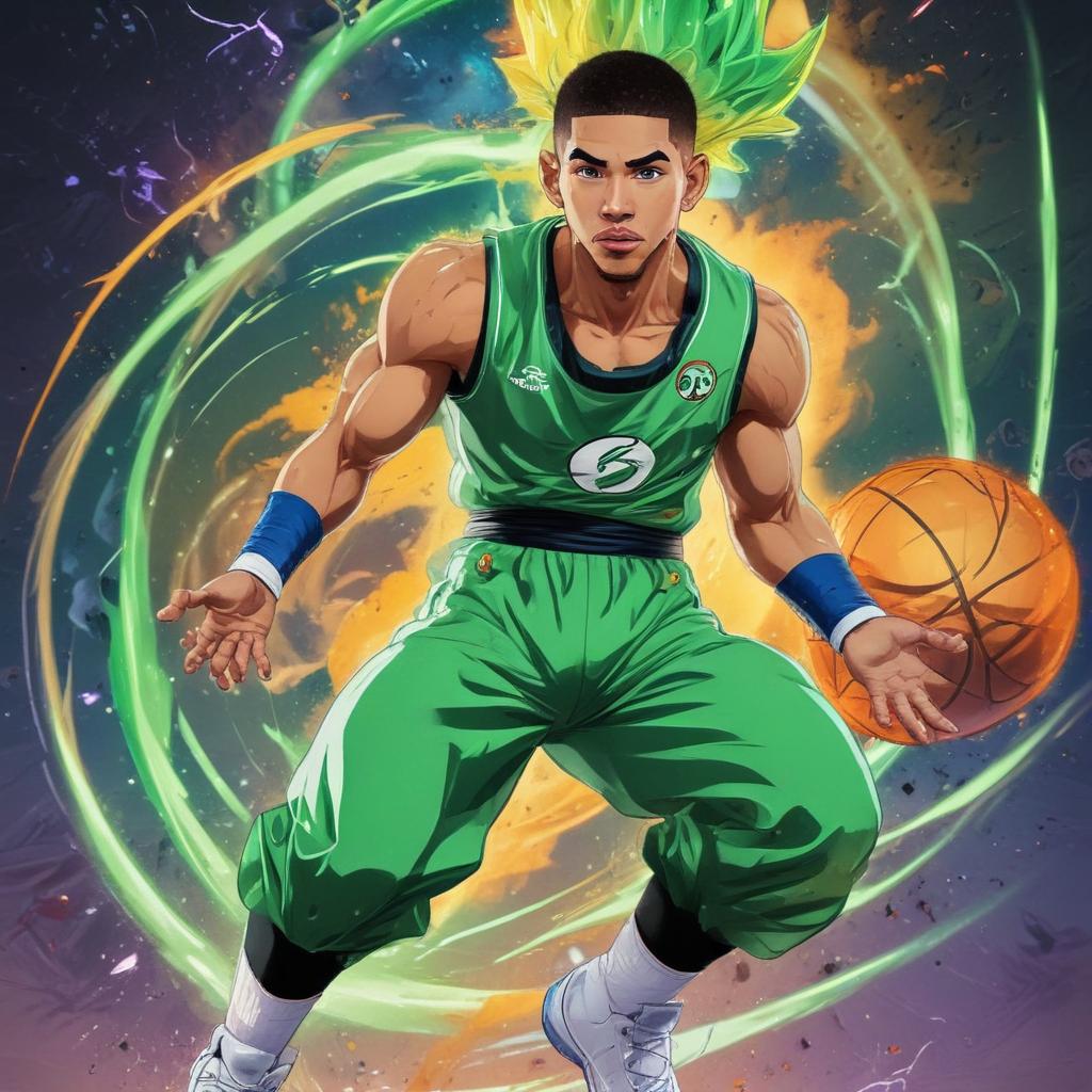 distance-shot, flashy, full-body, dynamic, holographic, animated cartoon poster of jayson tatum in the style of dragon ball super