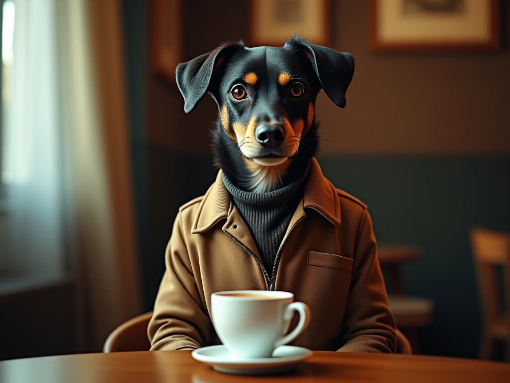  un perro sentado encima de una mesa junto a una taza de café hyperrealistic, full body, detailed clothing, highly detailed, cinematic lighting, stunningly beautiful, intricate, sharp focus, f/1. 8, 85mm, (centered image composition), (professionally color graded), ((bright soft diffused light)), volumetric fog, trending on instagram, trending on tumblr, HDR 4K, 8K