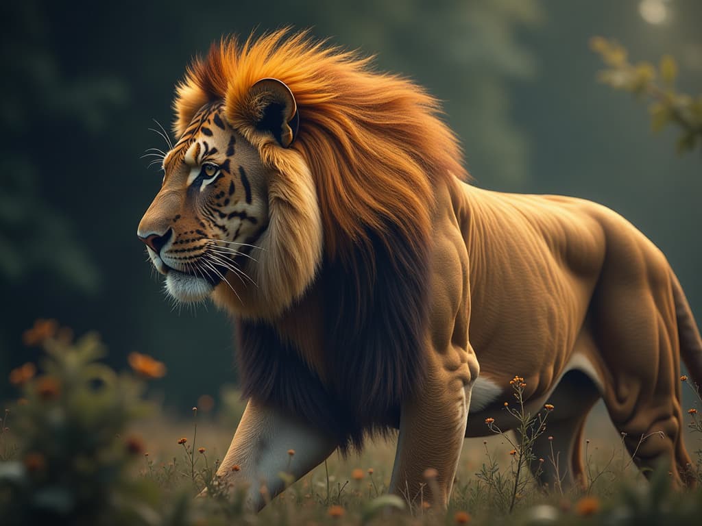  merge lion with tiger hyperrealistic, full body, detailed clothing, highly detailed, cinematic lighting, stunningly beautiful, intricate, sharp focus, f/1. 8, 85mm, (centered image composition), (professionally color graded), ((bright soft diffused light)), volumetric fog, trending on instagram, trending on tumblr, HDR 4K, 8K