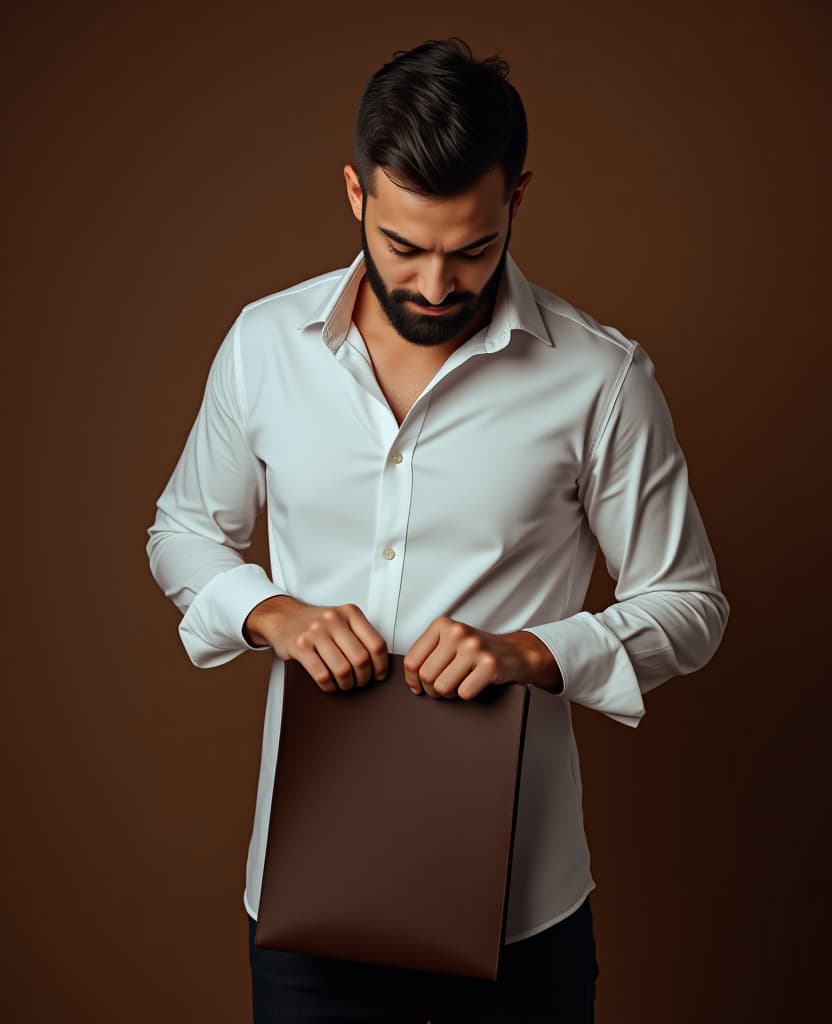  man, wearing a white shirt around his waist, dark brown background, model, putting into a bag