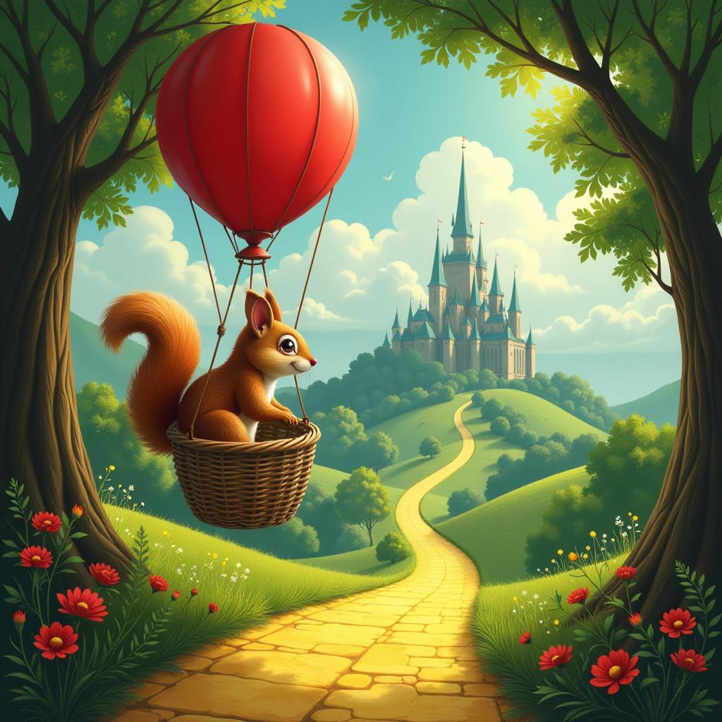  breathtaking the squirrel sits in a balloon basket and looks down at the yellow brick road leading to the emerald city. basket view . award winning, professional, highly detailed