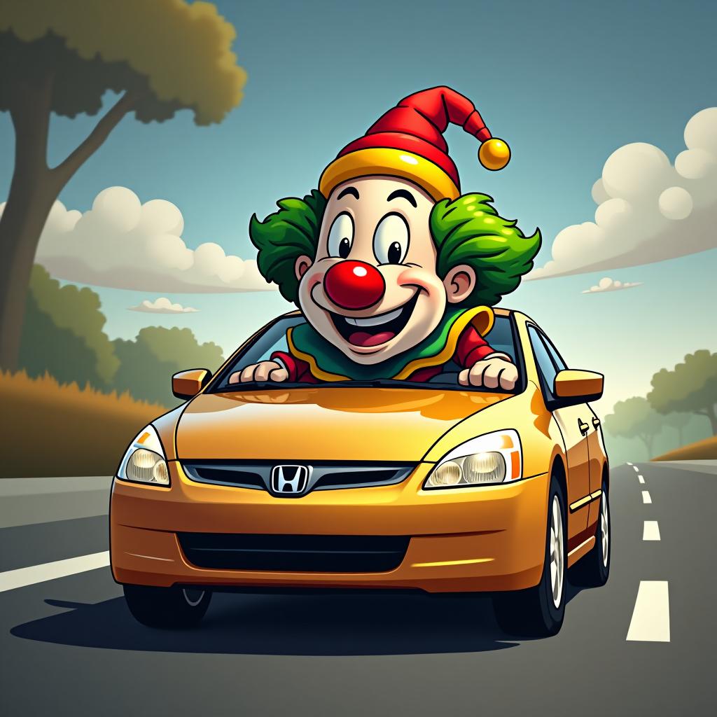  (logo), a sicilian clown looking dopey and goofy driving a gold 2007 honda accord