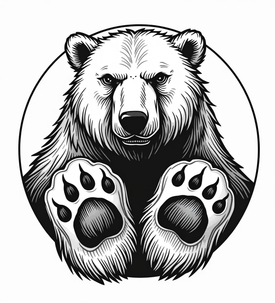  black on white sketch of circular logo that is made up of polar bears, and polar bear paws. unique design, trendy