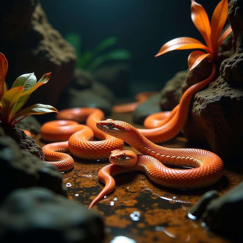  a vividly orange snake tank filled with various species of serpents, showcasing their intricate patterns and textures. the scene is captured in a creepy atmosphere, with low lighting that emphasizes the snakes' scales and their subtle movements. the image is zoomed in to reveal the fine details of the snakes' eyes glinting in the darkness, the texture of the tank’s surface, and the contrasting colors of the habitat elements like rocks, plants, and water reflections, creating an eerie yet fascinating environment.