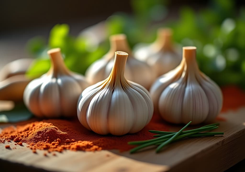  a vibrant, close up view of fresh garlic bulbs nestled among herbs and spices, with ethereal light illuminating their texture. a rustic wooden table serves as the backdrop, enhancing the culinary and spiritual essence. hyperrealistic, full body, detailed clothing, highly detailed, cinematic lighting, stunningly beautiful, intricate, sharp focus, f/1. 8, 85mm, (centered image composition), (professionally color graded), ((bright soft diffused light)), volumetric fog, trending on instagram, trending on tumblr, HDR 4K, 8K