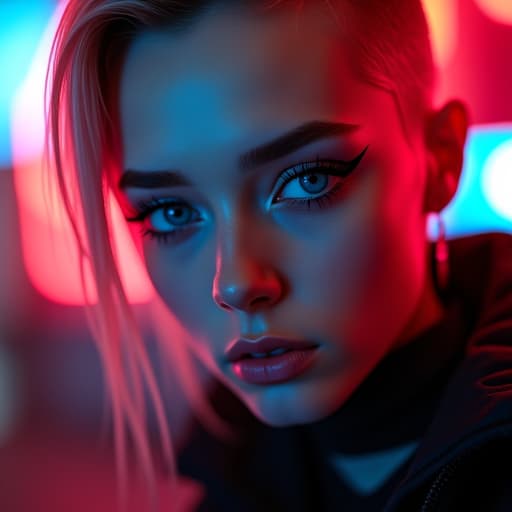  ultra realistic close up portrait ((beautiful pale cyberpunk female with heavy black eyeliner)), blue eyes, shaved side haircut, hyper detail, cinematic lighting, magic neon, dark red city, canon eos r3, nikon, f/1.4, iso 200, 1/160s, 8k, raw, unedited, symmetrical balance, in frame, 8k hyperrealistic, full body, detailed clothing, highly detailed, cinematic lighting, stunningly beautiful, intricate, sharp focus, f/1. 8, 85mm, (centered image composition), (professionally color graded), ((bright soft diffused light)), volumetric fog, trending on instagram, trending on tumblr, HDR 4K, 8K