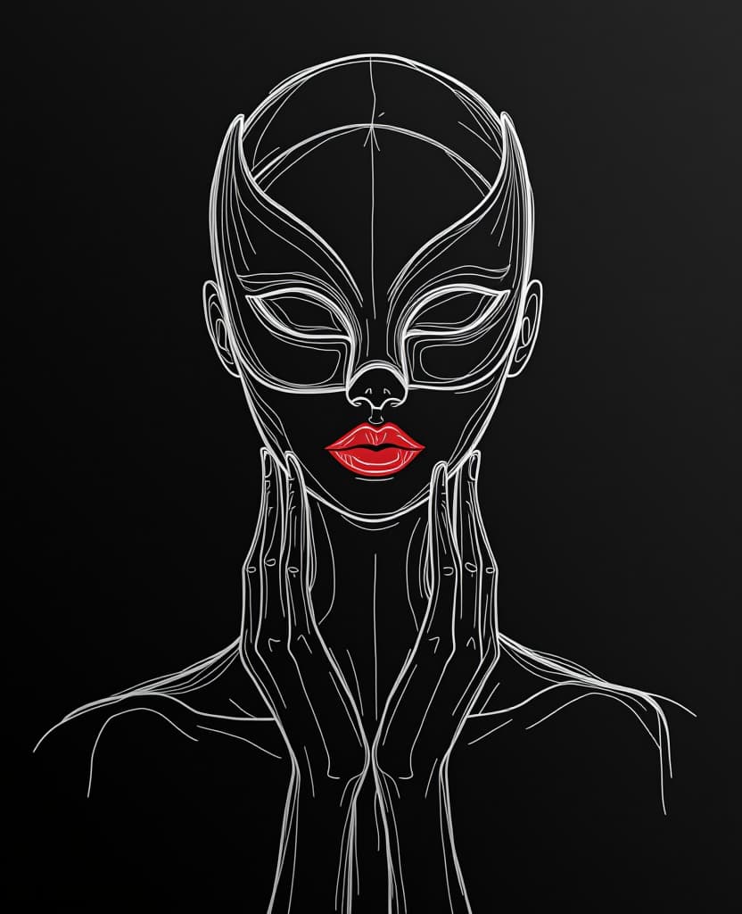  minimalist style fine graphics. (minimalist) stylish line art (on black paper). (minimalist). (outline: 1,5) (thin: 1,6) (white lines) on (black background: 1,4). the drawing is unfinished, the drawing is incomplete. symbolic, abstract. mysterious. mesmerizing. (scarlet masquerade mask), scarlet lips. outline of the neck, hands. stylistics: surrealism, modern. strict vertical composition. stylish, elegant, modern. harmony of simplicity. . simple, clean, uncluttered, modern, elegant hyperrealistic, full body, detailed clothing, highly detailed, cinematic lighting, stunningly beautiful, intricate, sharp focus, f/1. 8, 85mm, (centered image composition), (professionally color graded), ((bright soft diffused light)), volumetric fog, trending on instagram, trending on tumblr, HDR 4K, 8K