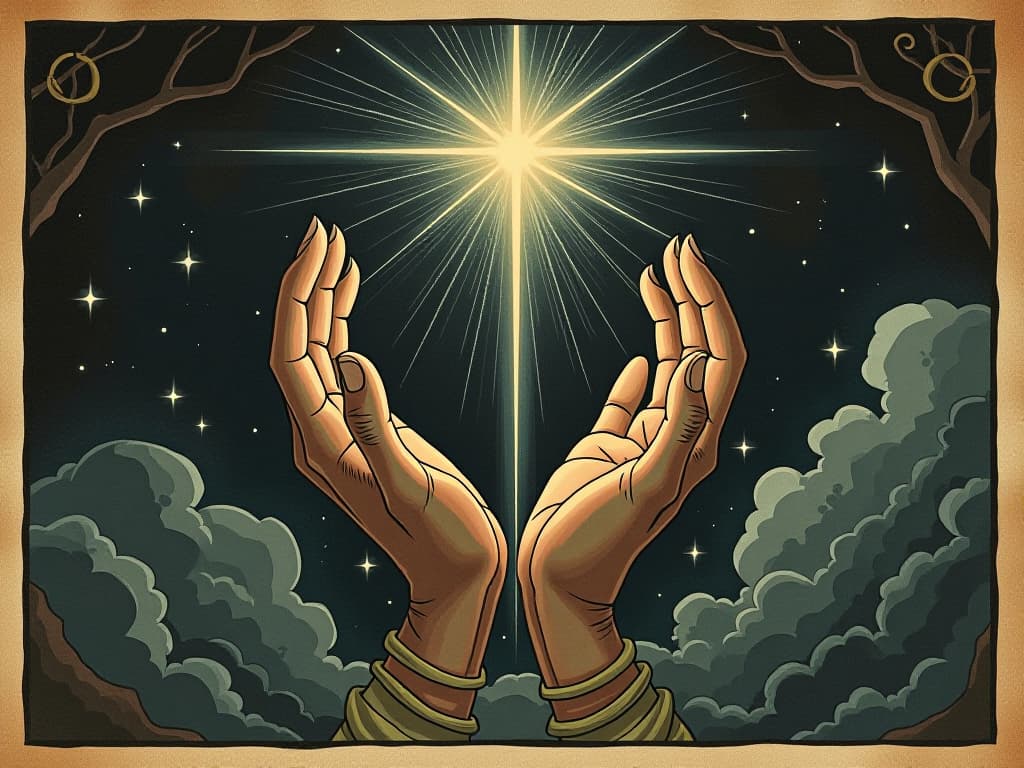  celestial hands, presenting a challenge, ethereal glow, dark cosmic background, divine intervention, growth, cosmic plan. an illustration in the style of a worn, mystical old tarot trump card, mysterious and elements of surrealism. the colors are muted, somber and eerie, but with contrast bring out an occult and esoteric vibe.