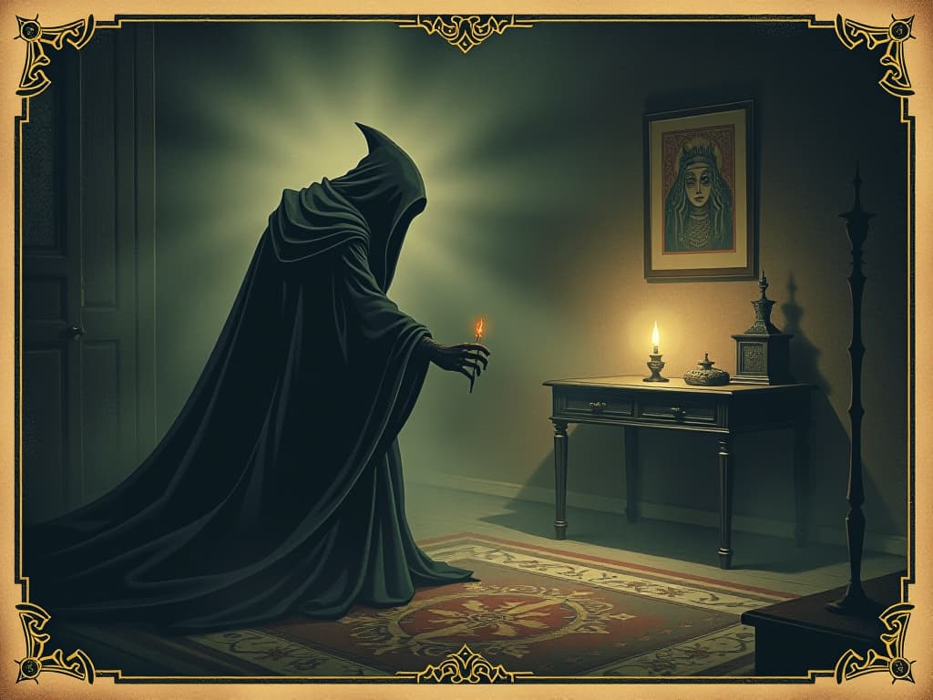  a faint, almost imperceptible glow enveloping the room, eerie wisps dancing in the air, heavy and stifling atmosphere, tension palpable. an illustration in the style of a worn, mystical old tarot trump card, mysterious and elements of surrealism. the colors are muted, somber and eerie, but with contrast bring out an occult and esoteric vibe.