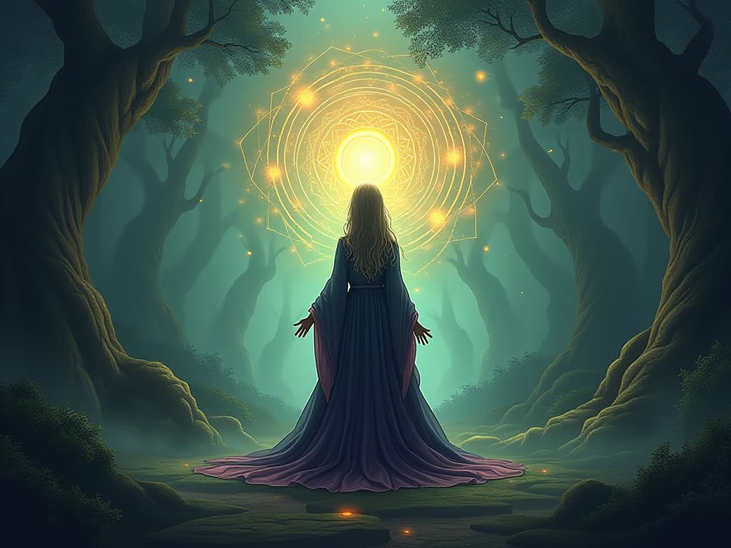  mystic identifying energy drains, standing amidst glowing, ethereal patterns representing relationships and thoughts. magical forest setting.. the style is digital art illustration,highly detailed, whimsical,magical, dreamlike atmosphere, realism and fantasy blend, smooth, glossy textures,luminous quality, wonder and enchantment.