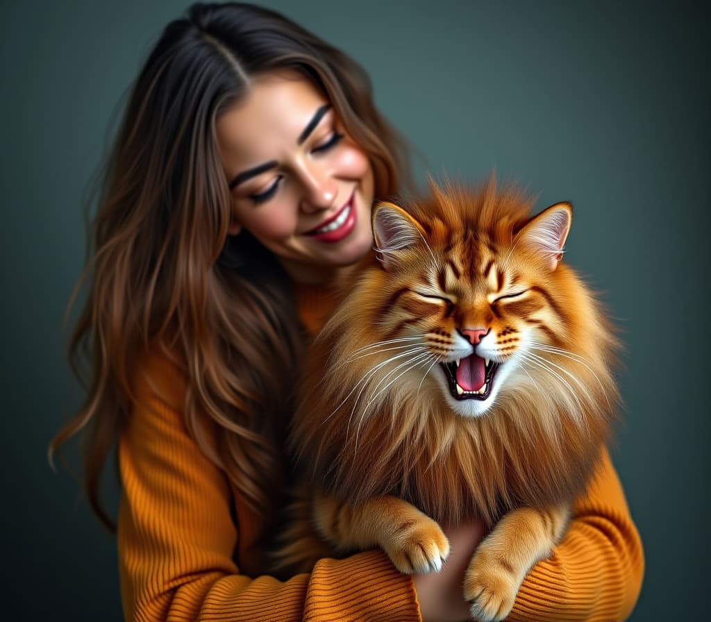  young tall slim brunette woman holding sąd and sleepy brown siberian cat yawning, cat is dressen in lion costume, van gogh style