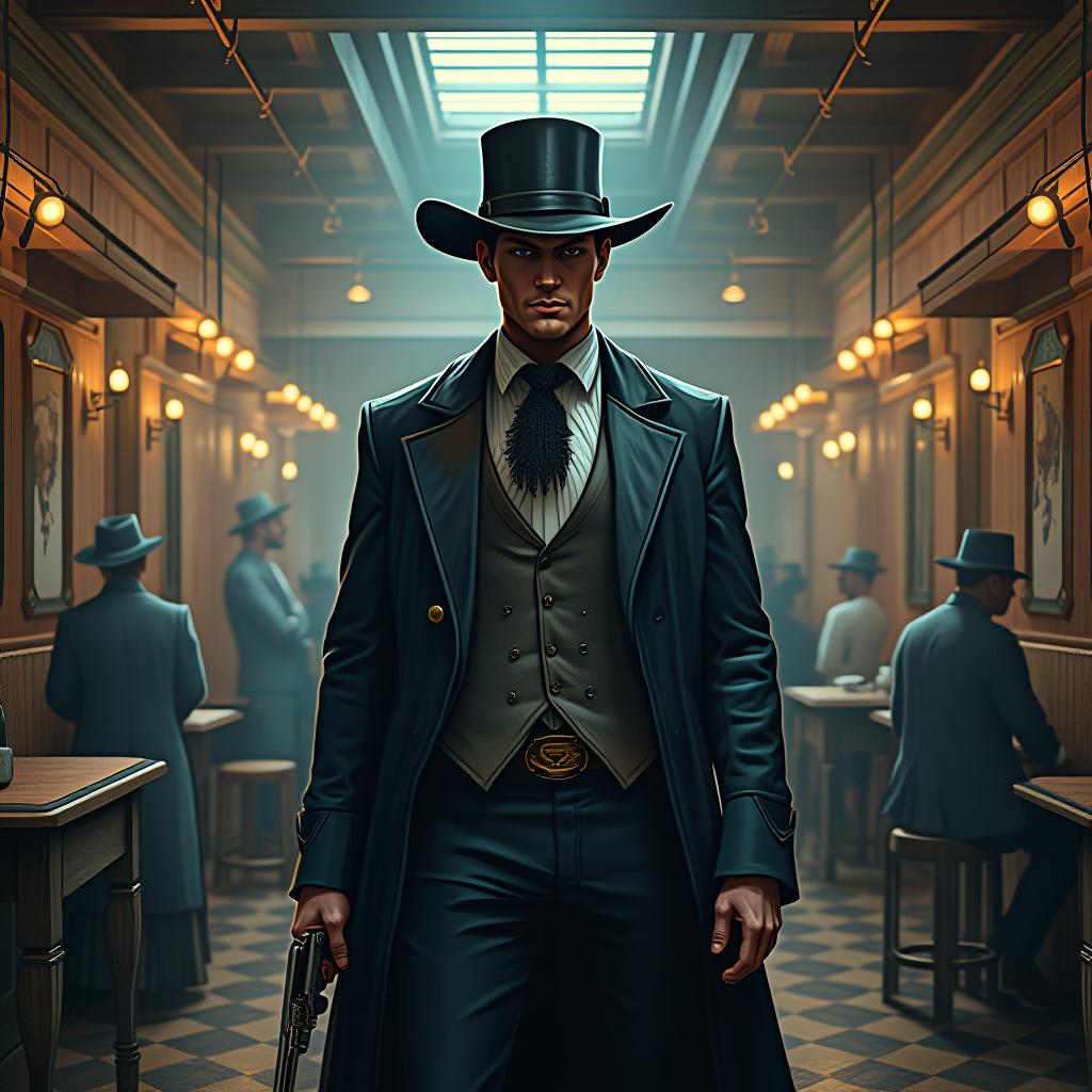  location, western saloon. the style is digital art illustration / modern comic book / mysterious, symbolic, esoteric vibe hyperrealistic, full body, detailed clothing, highly detailed, cinematic lighting, stunningly beautiful, intricate, sharp focus, f/1. 8, 85mm, (centered image composition), (professionally color graded), ((bright soft diffused light)), volumetric fog, trending on instagram, trending on tumblr, HDR 4K, 8K