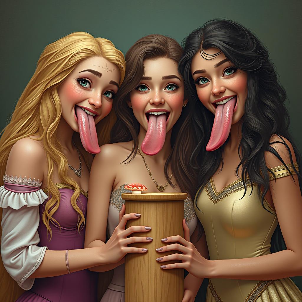  beautiful rapunzel, tiana, and snow white sticking their large flat tongues fully out, covered in sweat, holding a tan colored cylinder with a mushroom at the end, award winning, professional, highly detailed, masterpiece