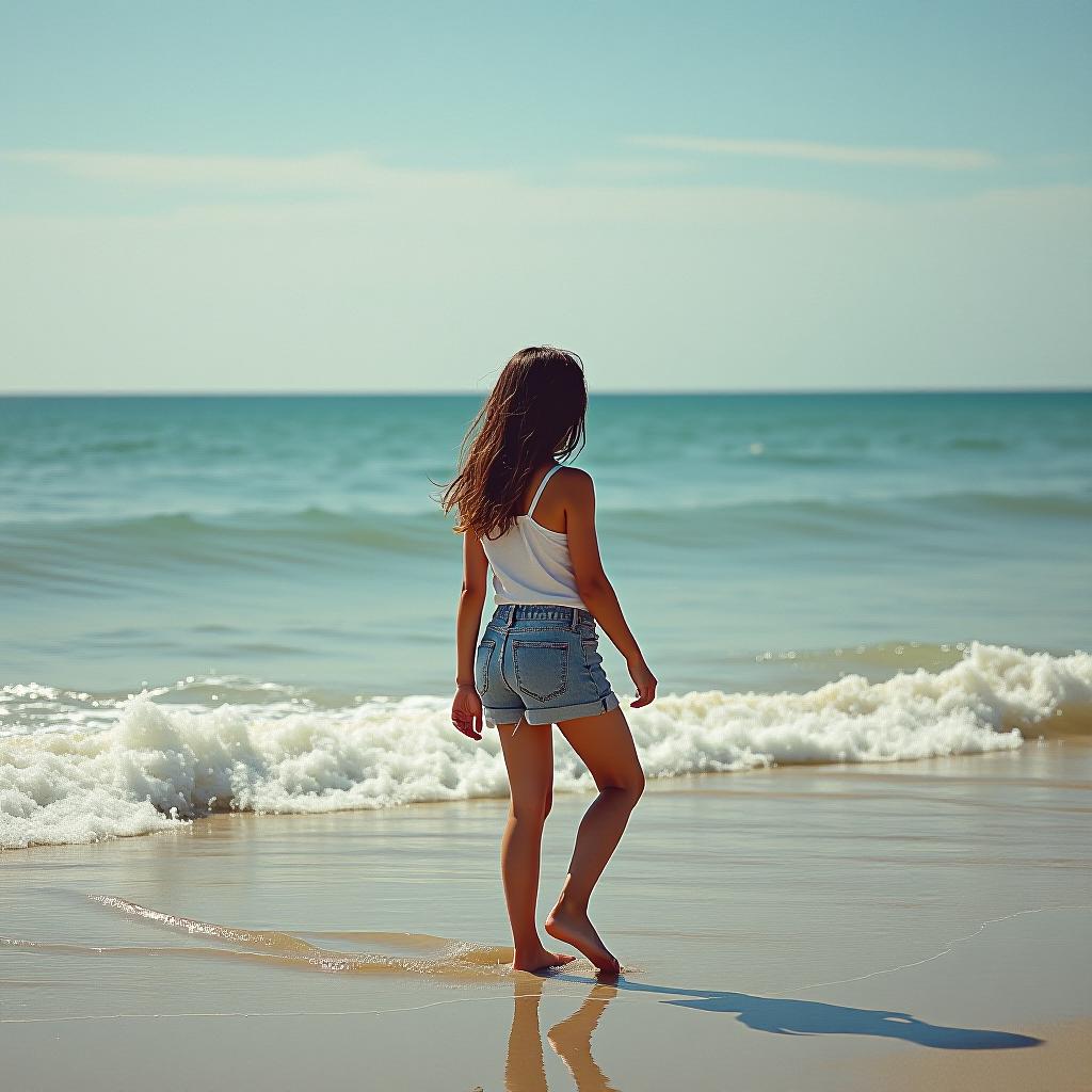  a girl is walking by the sea.