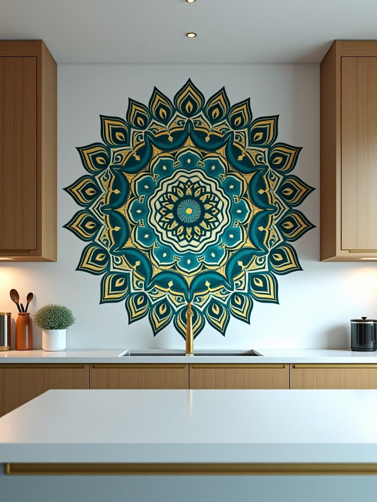  high quality portrait photo of a modern kitchen with a large, intricate mandala wall decal in shades of teal and gold, creating a stunning focal point above a sleek white countertop hyperrealistic, full body, detailed clothing, highly detailed, cinematic lighting, stunningly beautiful, intricate, sharp focus, f/1. 8, 85mm, (centered image composition), (professionally color graded), ((bright soft diffused light)), volumetric fog, trending on instagram, trending on tumblr, HDR 4K, 8K