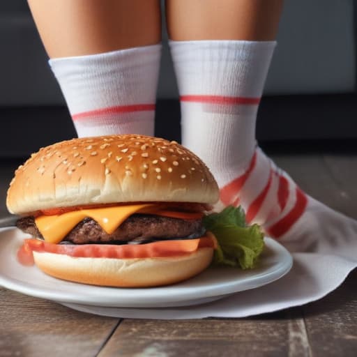 tasty burger with legs in panty socks