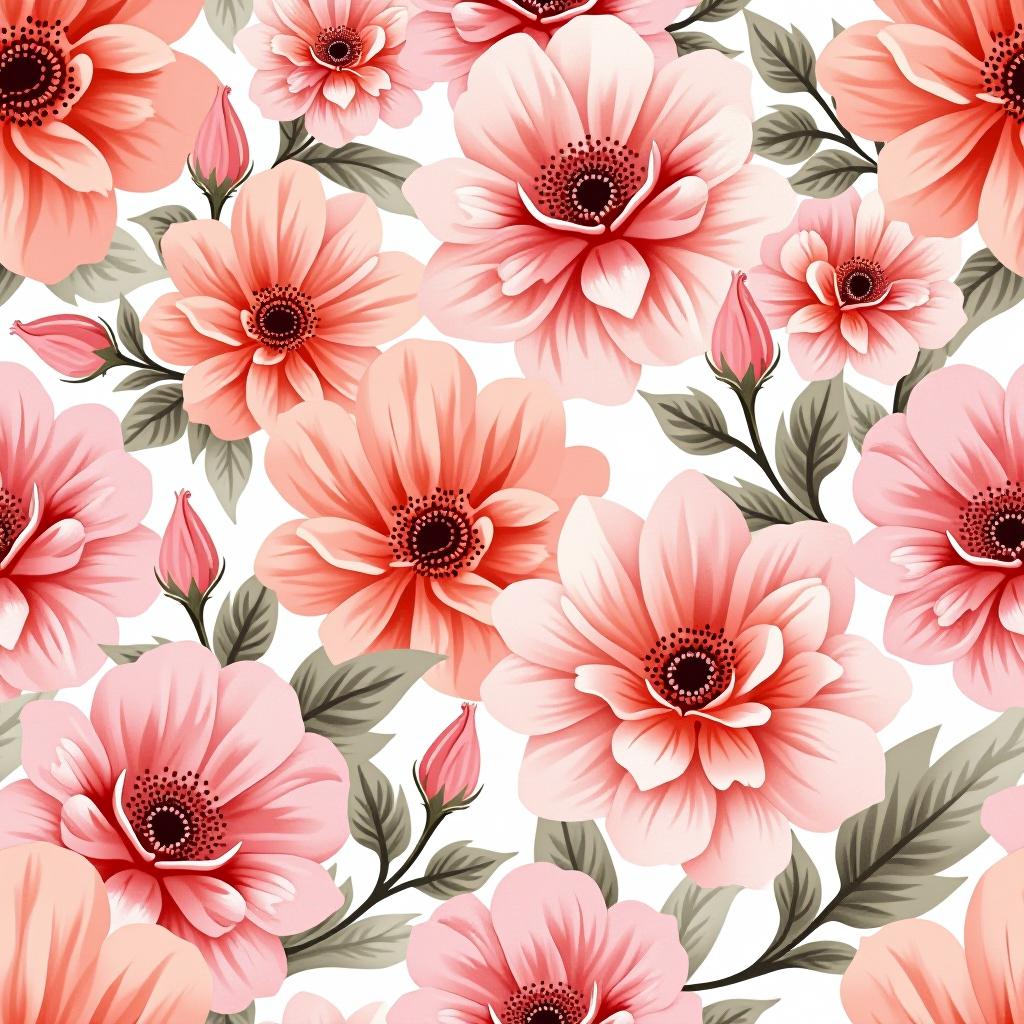  create a seamless digital design featuring a pattern of large, beautiful flowers with soft, watercolor like effects. the flowers should cover the entire surface, creating a bold, elegant, and continuous look. the overall style should be light and airy, with delicate leaves and petals to enhance the natural, floral theme. the design should be seamless to ensure it can be used in repeating patterns or wraps.