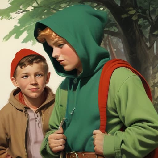 Red riding hood, Robin Hood and twink in a hoodie, cartoon, full of colour, disney, sharp focus, illustration, 50's cartoons, norman rockwell