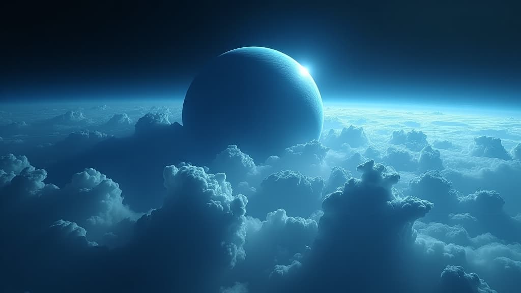  a mesmerizing view of neptune, the distant ice giant, shrouded in deep blues and swirling clouds. hyperrealistic, full body, detailed clothing, highly detailed, cinematic lighting, stunningly beautiful, intricate, sharp focus, f/1. 8, 85mm, (centered image composition), (professionally color graded), ((bright soft diffused light)), volumetric fog, trending on instagram, trending on tumblr, HDR 4K, 8K