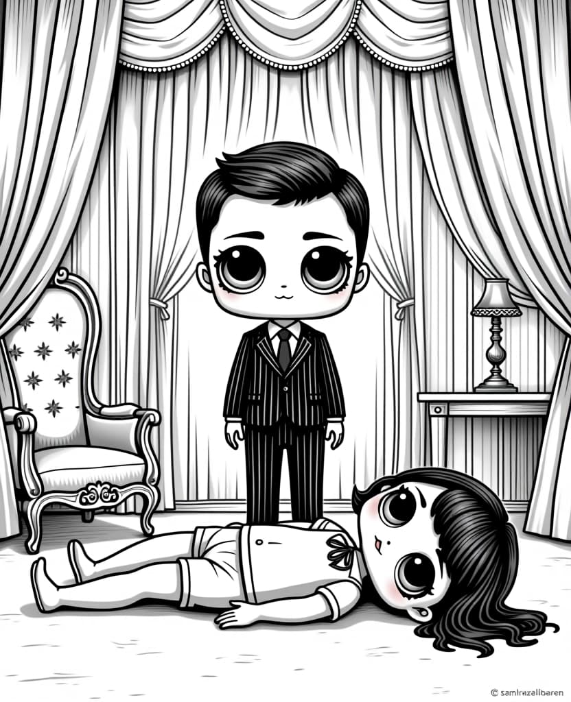  centered black and white high contrast line drawing, coloring book style,coloring book page of an adorable with big head and big eyes like lol surprise doll style, , creepy cute style wearing pinstripe suit standing over the body lying on the floor, beside him is his friend with black hair and big eyes who has been shot dead by other people inside the room of a luxury mansion with patterned curtains and fancy furniture, monochrome, blank white background