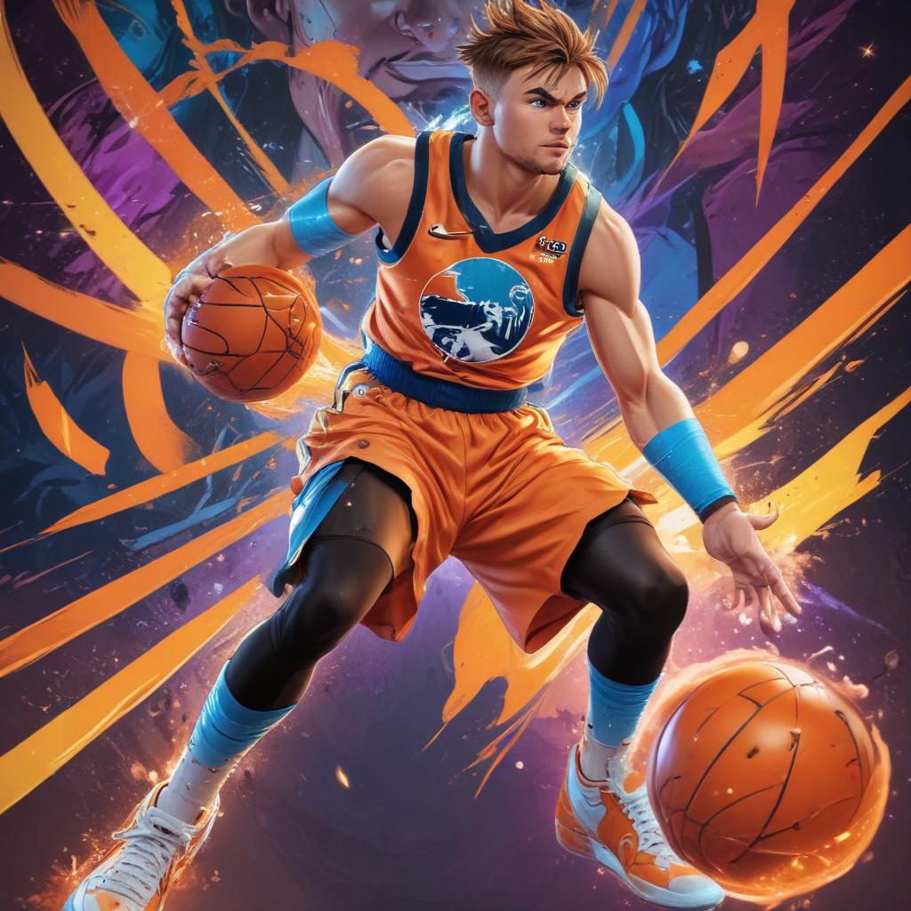 distance-shot, flashy, full-body, dynamic, holographic, animated cartoon poster of luka doncic in the style of dragon ball super